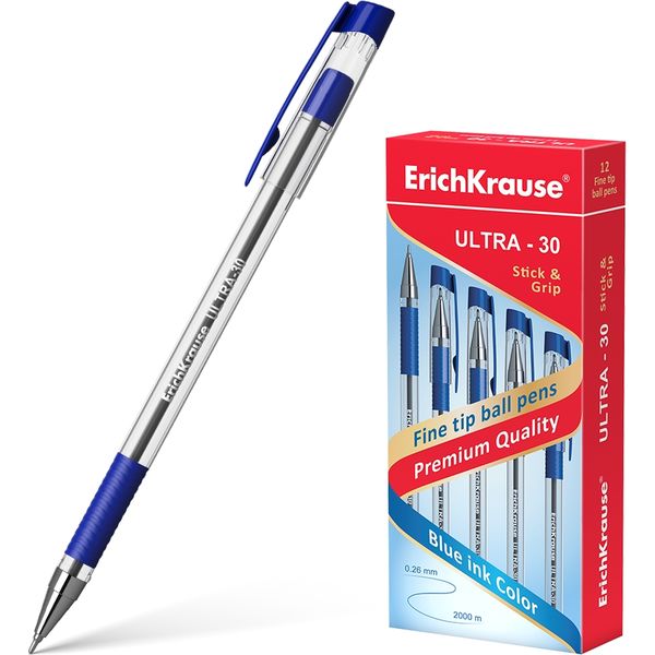 Ручка шариковая синяя, 0.7 мм, узел-игла, резин. грип, ErichKrause ULTRA-30 Stick&Grip Classic Ручка шариковая синяя, 0.7 мм, узел-игла, резин. грип, ErichKrause ULTRA-30 Stick&Grip Classic