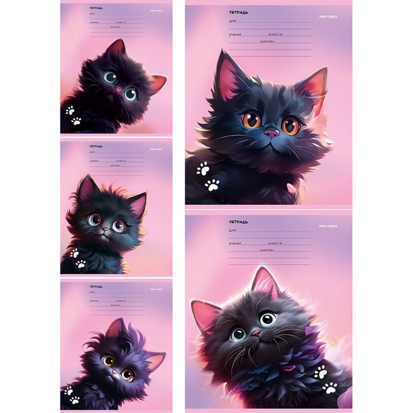 Тетрадь А5, линия, 12 л., на скобе, 60 г/м², мел. бумага, Prof-Press Черный котик_5 дизайнов