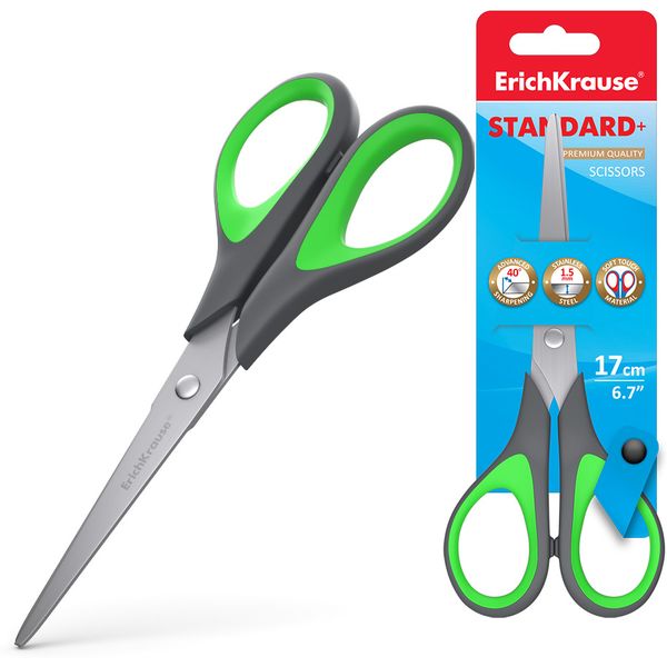 Ножницы 170 мм, классические, прорезин. кольца, серо-зеленые, ErichKrause Standard+