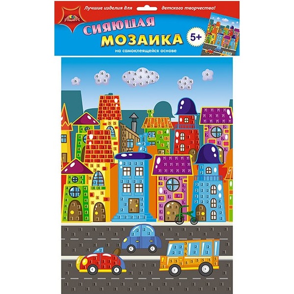 Мозаика cияющая А3. АППЛИКА Яркий город, самокл. пластик. эл-ты, 5+ Акция!