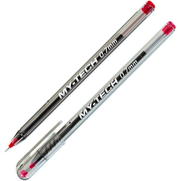 Ручка шариковая, красная, Ø 0.7 мм "игла", шестигр., тон. корп., рифл. упор, PENSAN My-Tech