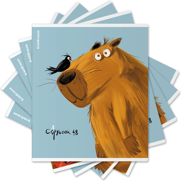 Тетрадь А5, клетка, 48 л., на скобе, 60 г/м², софт-тач + выб. лак, ErichKrause Happy Capy_MIX-PACK