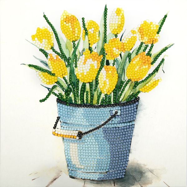 Алмазная живопись 20*20 см, картон с текстурой "лен", частичное заполнение, ФРЕЯ Желтые тюльпаны