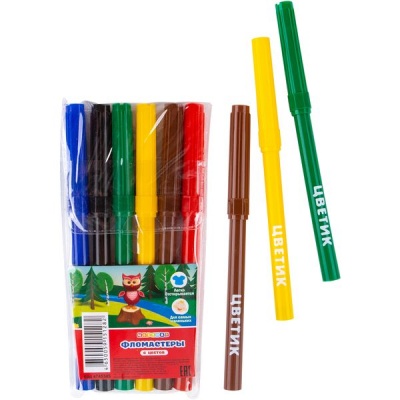 Фломастеры 6 цветов, чернила в/о, вент. колпачок, круг. корп., ЦВЕТИК (пвх конверт)