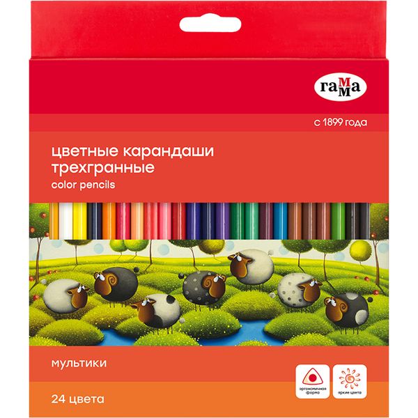 Карандаши цветные 24 шт., деревянные, трехгранные, ГАММА Мультики (в к/к)