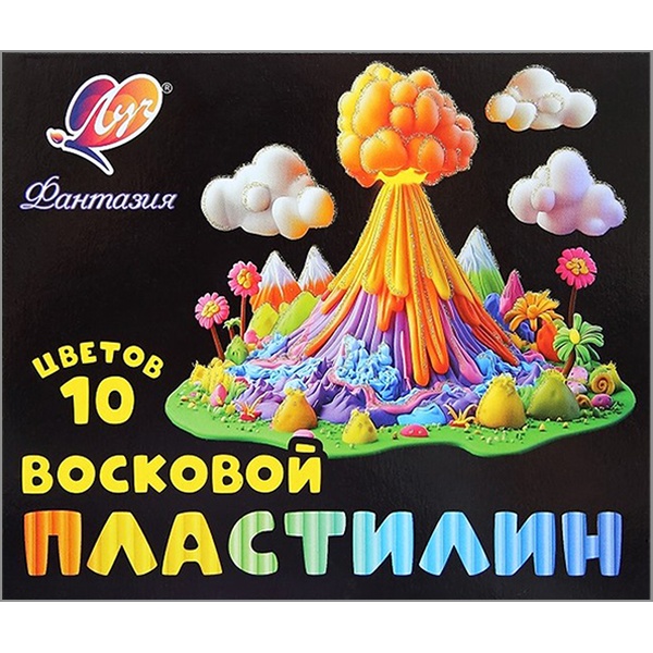Пластилин восковой ЛУЧ Фантазия: 10 цветов (классич. + флуо), брусок 15 г, стек (к/к)