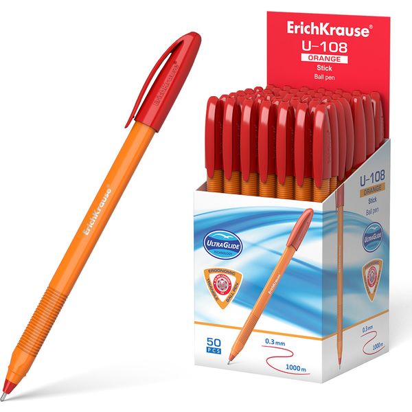 Ручка шариковая красная, 1.0 мм "игла", рифл. упор, ErichKrause U-108 Stick Orange