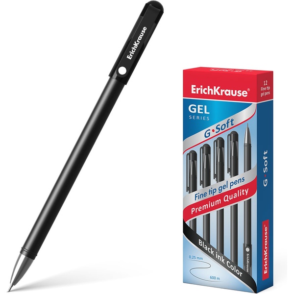 Ручка гелевая черная, Ø 0.38 мм "игла", лин. 0.25 мм, ДП 600 м, софт-тач, ErichKrause G-Soft Stick Classic