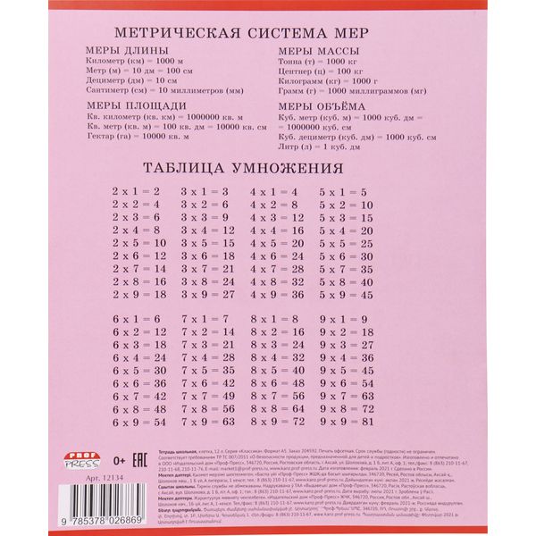 Тетрадь А5, клетка, 12 л., на скобе, 60 г/м², мел. обл., Prof-Press Классика_5 дизайнов