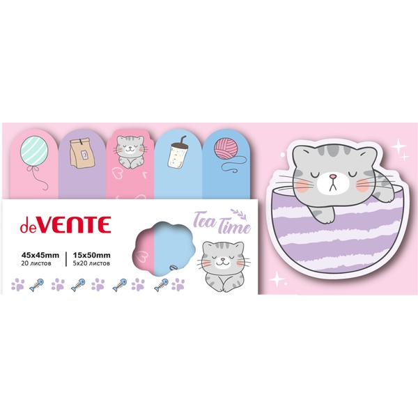 Закладки бумажные с клеевым краем, 45*45 мм/15*50 мм, 6*20 л., 80 г/м², микс форм, deVENTE Grey cat