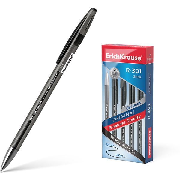 Ручка гелевая черная, 0.5 мм, узел Standard, рифл. грип, ErichKrause R-301 Gel Stick Original Ручка гелевая черная, 0.5 мм, узел Standard, рифл. грип, ErichKrause R-301 Gel Stick Original