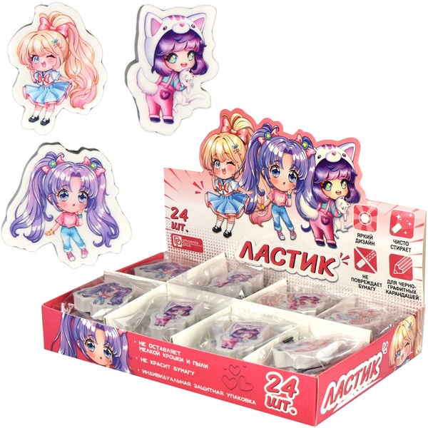 Ластик ФЕНИКС+ Чиби, TPR, фигурный, цв. печать, 3 дизайна
