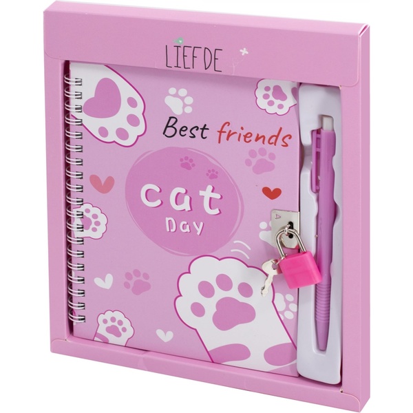 Блокнот с замочком, А5, 45 л, клетка, гребень, обл. 7БЦ, ручка + подар. упак., Alingar Лапки_розовый