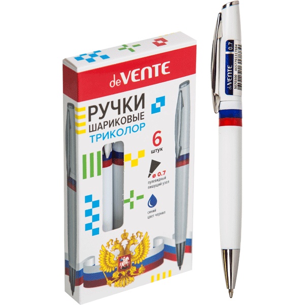 Ручка шариковая автомат., синяя, Ø 0.7 мм, эрг. грип, метал. клип, поворотный м-м, deVENTE Триколор