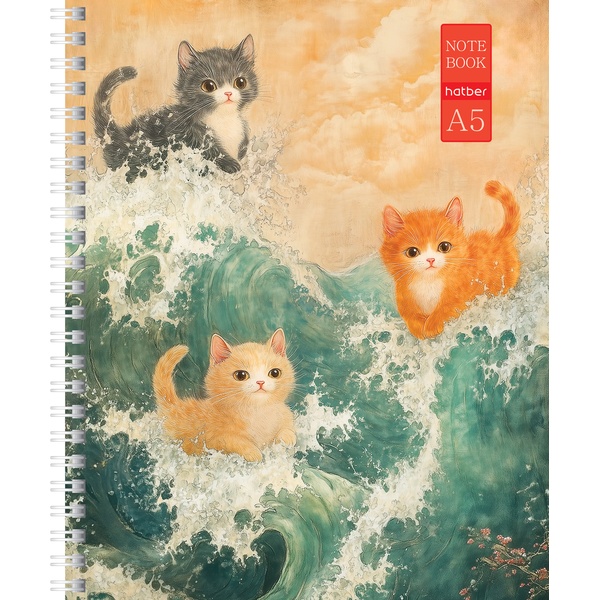 Тетрадь А5, клетка, 48 л., на гребне, 60 г/м², мат. лам., тисн., Hatber Коты и море_4 дизайна