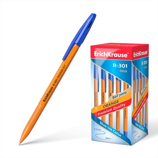 Ручка шариковая 0,7 мм синяя ErichKrause R-301 ORANGE Stick оранжево-синий корпус