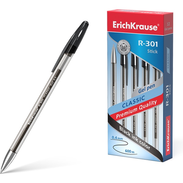 Ручка гелевая черная, 0.5 мм, узел Standard, рифл. грип, ErichKrause R-301 Gel Stick Classic Ручка гелевая черная, 0.5 мм, узел Standard, рифл. грип, ErichKrause R-301 Gel Stick Classic