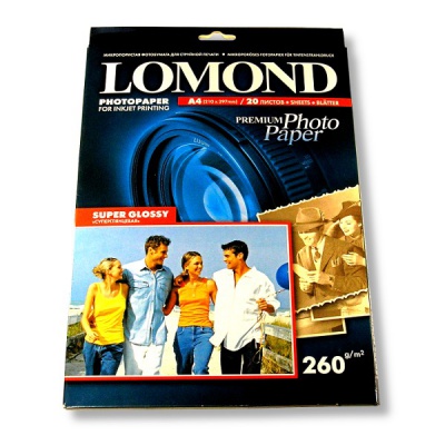 Фотобумага А4, 260 г/м², 20 л., суперглянцевая, 1-ст., LOMOND Premium Inkjet Super Glossy Bright