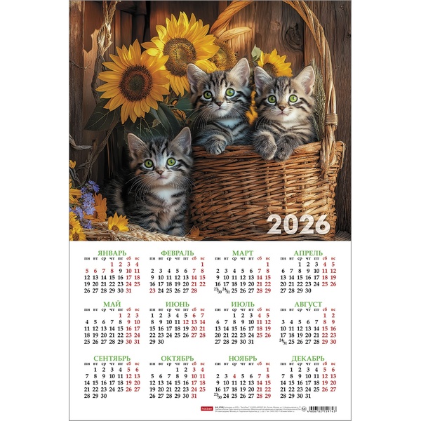 Календарь настенный листовой 2026 г. Милые Котята: А3, мел. карт. 190 г/м²