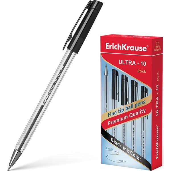 Ручка шариковая черная, 0.7 мм "игла", рифл. упор, метал. н-к, ErichKrause ULTRA-10 Stick Classic Ручка шариковая черная, 0.7 мм "игла", рифл. упор, метал. н-к, ErichKrause ULTRA-10 Stick Classic