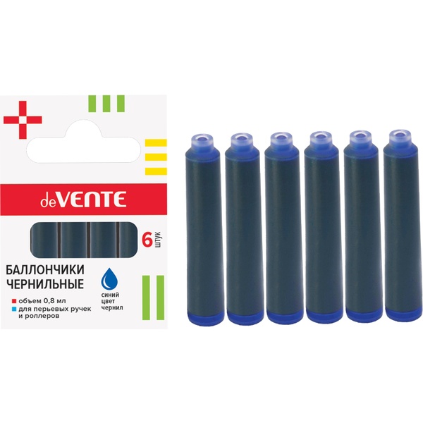 Картридж с синими чернилами для перьевых ручек, 0.8 мл, 38 мм, deVENTE (6 шт.)  АКЦИЯ!