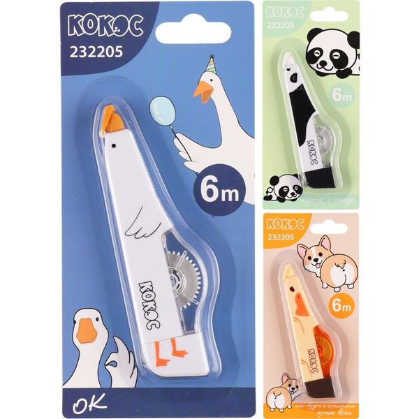 Лента корректирующая 5 мм* 6 м, фронт. аппликатор, непр. корпус, КОКОС Животные_3 дизайна