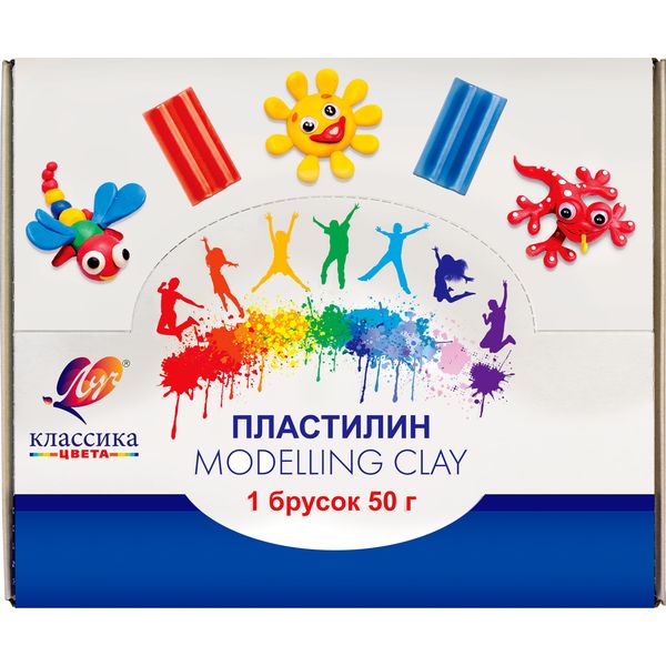 Пластилин классический ЛУЧ Классика цвета: брусок 50 г, инд. упак. (5 цветов в ассортименте)