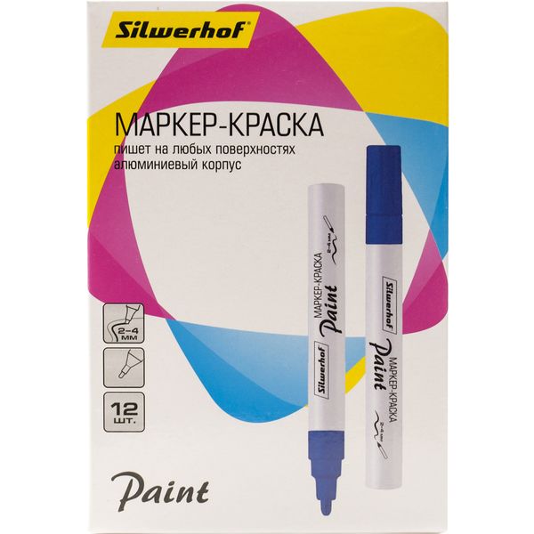 Маркер-краска Silwerhof Paint, синий, нитрооснова (лаковый), пулевидный н-к, 2.0-4.0 мм, алюм. корпус Маркер-краска Silwerhof Paint, синий, нитрооснова (лаковый), пулевидный н-к, 2.0-4.0 мм, алюм. корпус