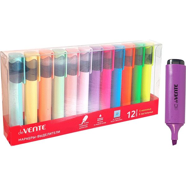 Текстовыделители deVENTE, набор 12 цветов (neon + pastel), линия 1-5 мм, н-к "клин", плоский корпус Текстовыделители deVENTE, набор 12 цветов (neon + pastel), линия 1-5 мм, н-к "клин", плоский корпус