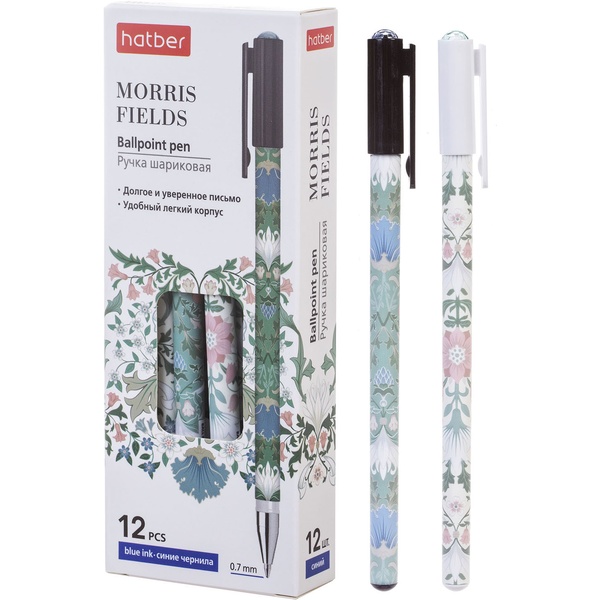 Ручка шариковая, синяя, Ø 0.7 мм, метал. н-к, круг. корп., принт, HATBER Morris_2 дизайна