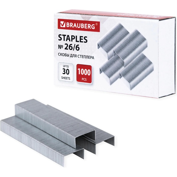 Скобы BRAUBERG № 26/6 (для степлеров 24/6), 1000 штук, экономичные, до 30 листов