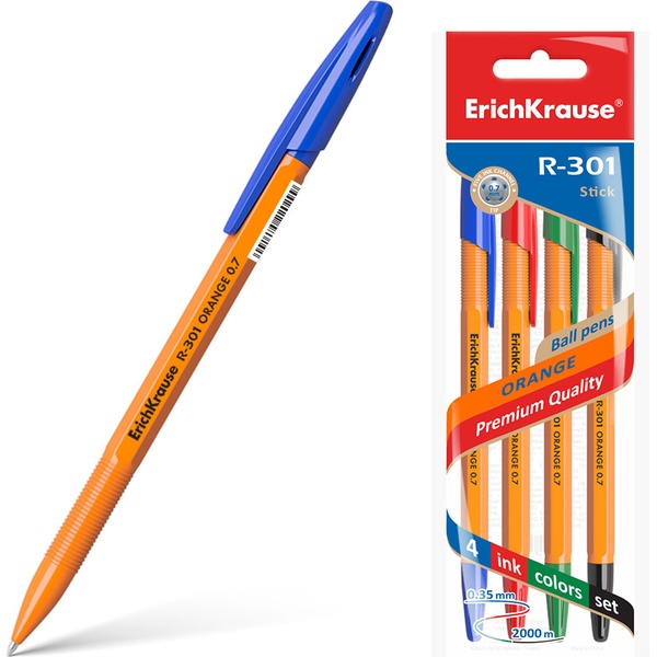 Ручки шариковые, набор 4 шт./4 цв., 0.7 мм, узел Standard, ErichKrause R-301 Stick Orange Ручки шариковые, набор 4 шт./4 цв., 0.7 мм, узел Standard, ErichKrause R-301 Stick Orange