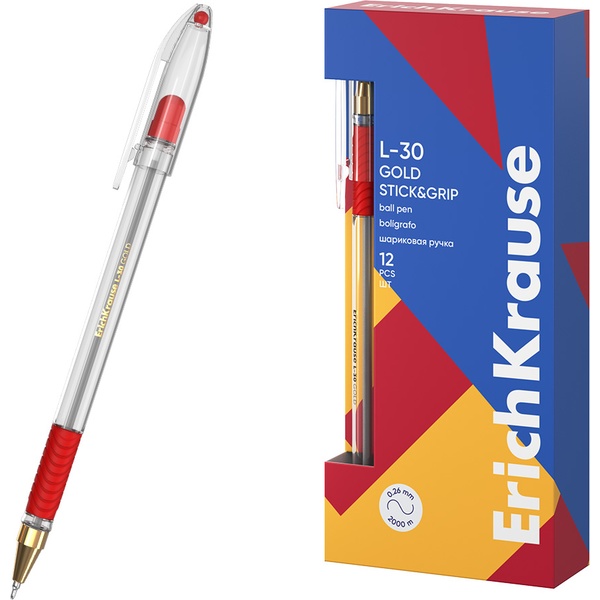 Ручка шариковая красная, 0.7 мм "игла", эрг. грип, метал. н-к, ErichKrause L-30 Gold Stick&Grip Classic Ручка шариковая красная, 0.7 мм "игла", эрг. грип, метал. н-к, ErichKrause L-30 Gold Stick&Grip Classic
