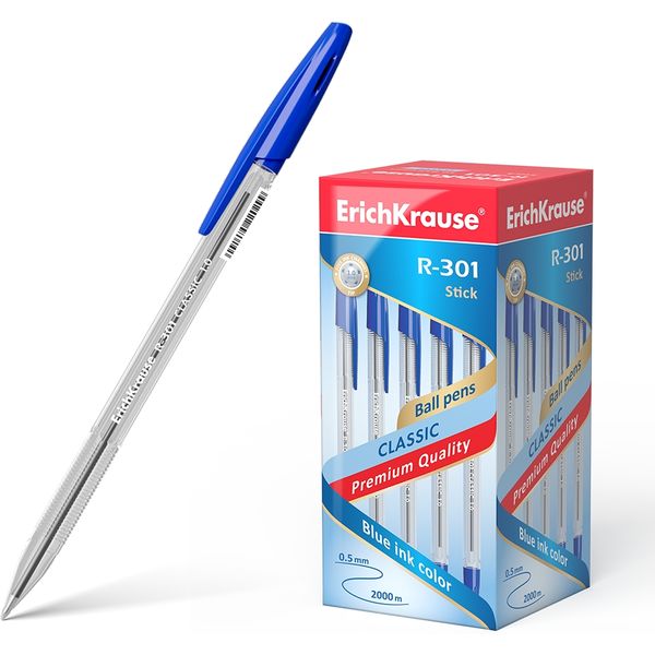 Ручка шариковая синяя, 1.0 мм, рифл. упор, прозр. корп., ErichKrause R-301 Stick Classic