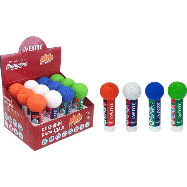 Клей-карандаш 15 г, PVP основа, вр. фикс. 2-3 мин., фигур. колпачок, deVENTE Champions_4 дизайна