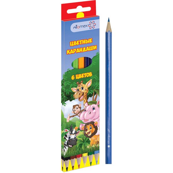 Карандаши цветные 6 шт., деревянные, шестигранные, М, Attomex Zoo (к/к)