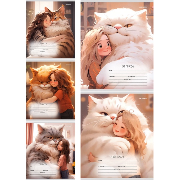 Тетрадь А5, линия, 12 л., на скобе, 60 г/м², мел. бумага, Prof-Press Огромные котики_5 дизайнов
