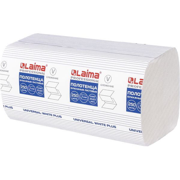 Полотенца бумажные 250 л., 1-сл., 230*230 мм, V-слож. (ZZ), белые, LAIMA Universal White plus (15 пач.) Полотенца бумажные 250 л., 1-сл., 230*230 мм, V-слож. (ZZ), белые, LAIMA Universal White plus (15 пач.)