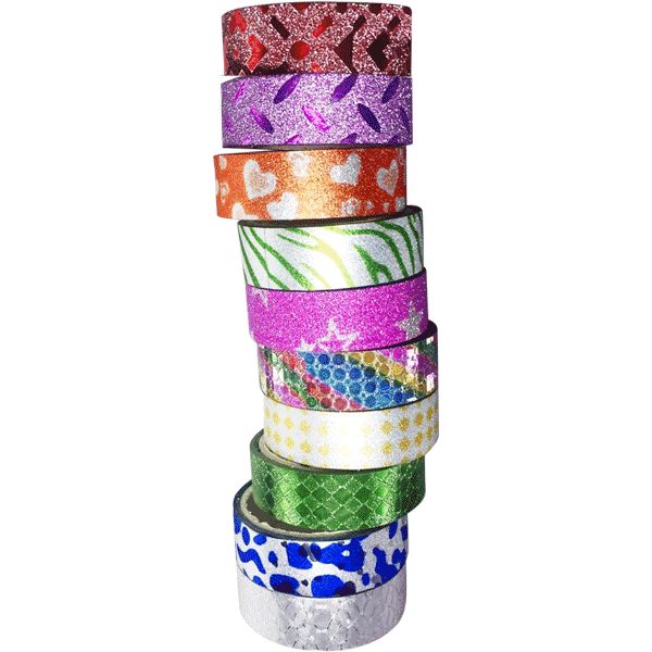 Лента клейкая декоративная 15 мм * 3 м, 13 мкм, блестящая с узором, микс 10 цветов, к/втулка deVENTE  Акция!