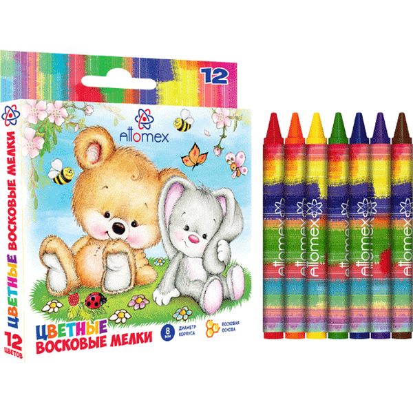 Мелки восковые 12 цветов, круглые, инд. обертка, Attomex (к/к)