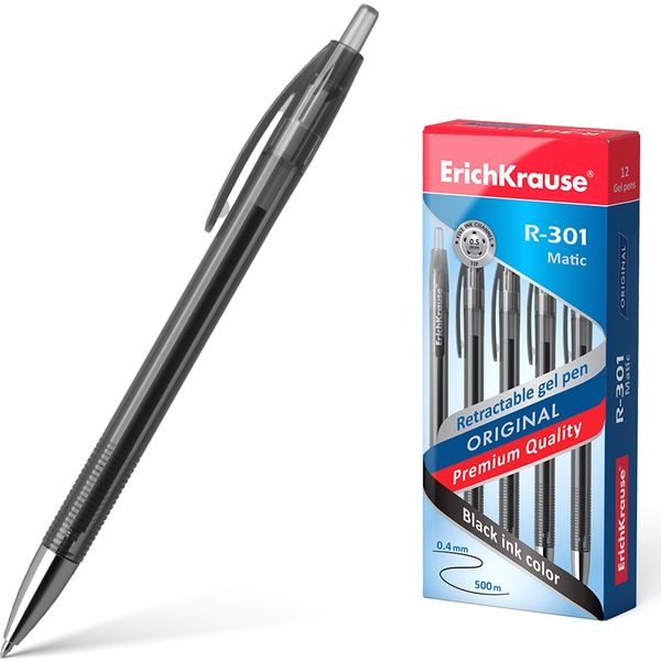 Ручка гелевая автомат., черная, лин. 0.4 мм, ДП 500 м, рифл. грип, ErichKrause R-301 Original Gel Matic