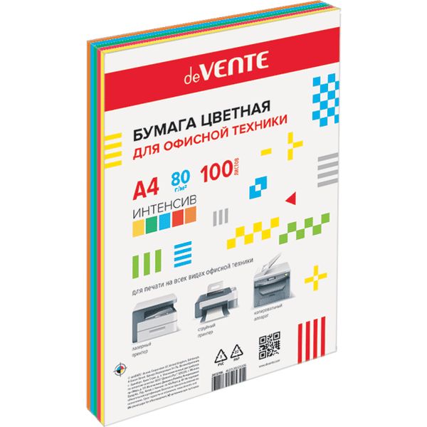 Бумага цветная А4/80/100 л., интенсив, 5 цветов, deVENTE