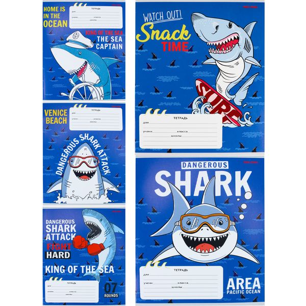 Тетрадь А5, линия, 18 л., на скобе, 60 г/м², мел. бумага, Prof-Press Разнообразные акулы_5 дизайнов