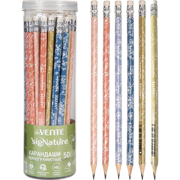 Карандаш чернографитный с ластиком, HB, деревянный, трехгранный, 6 дизайнов, deVENTE Triolino sigNATURE