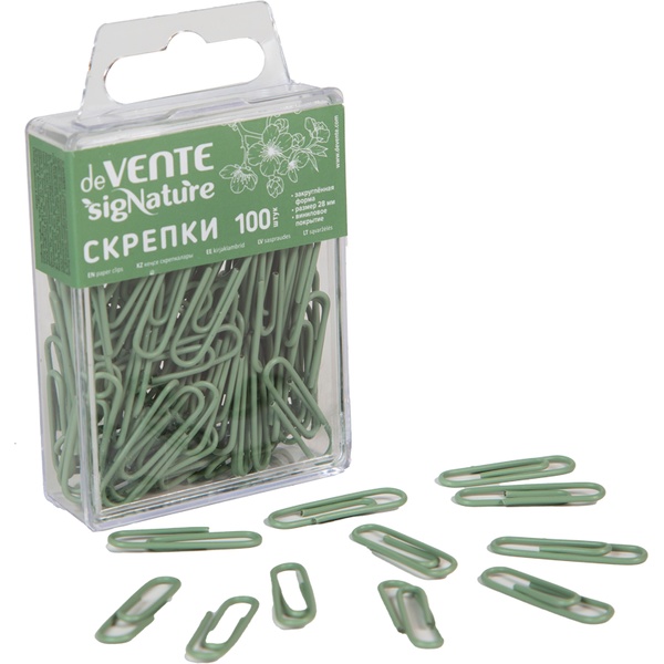 Скрепки 28 мм 100 шт в пластиковой коробк,  стальные овальные, deVENTE sigNATURE_оливковый