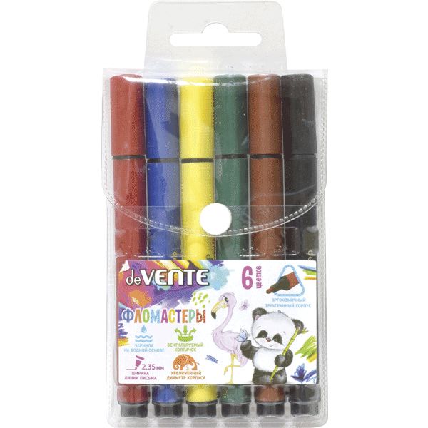 Фломастеры 6 цветов, чернила в/о, вент. колпачок, трехгранные Jumbo, ШЛ 2.35 мм, deVENTE (пвх)