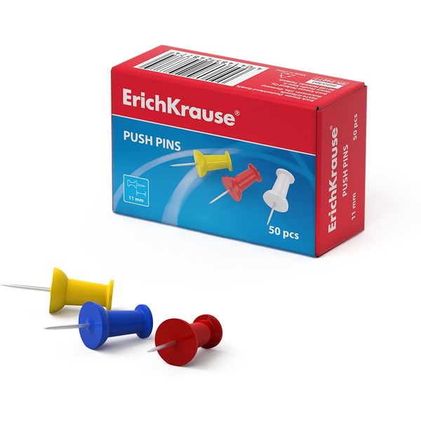 Кнопки-гвоздики ErichKrause, 50 шт., цвет: ассорти, длина иглы 11 мм, к/к