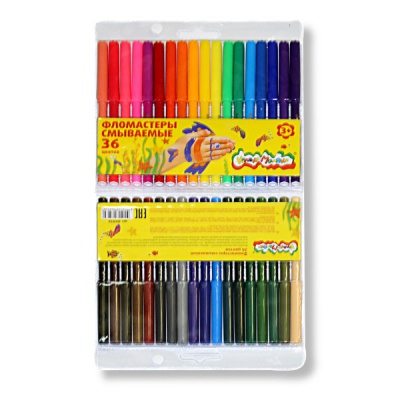 Фломастеры 36 цветов, чернила в/о, вент. колпачок, круг. корп., КАЛЯКА-МАЛЯКА (пвх конверт)