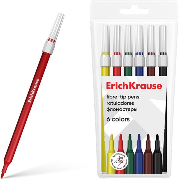 Фломастеры 6 цветов ErichKrause light Washable, смываемые, чернила на в/о, вентилируемый колпачок