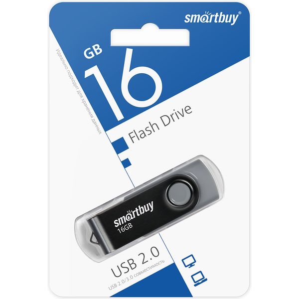 Флеш-накопитель USB 2.0, 16 ГБ, Smartbuy Twist/ Черно-серый